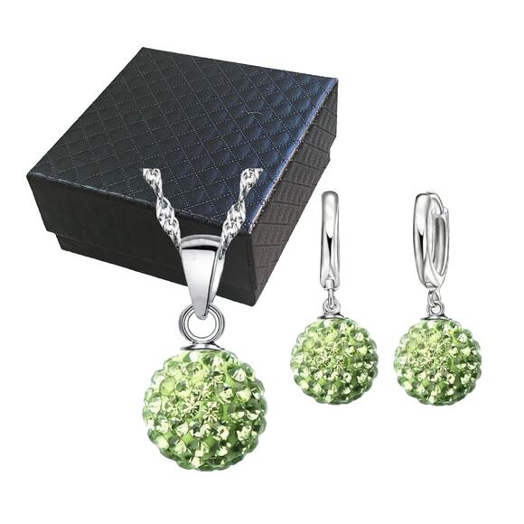 Silver Light Green Crystal Rhinestone Disco Ball Necklace & Dangle Earrings Set - Picture 1 of 3